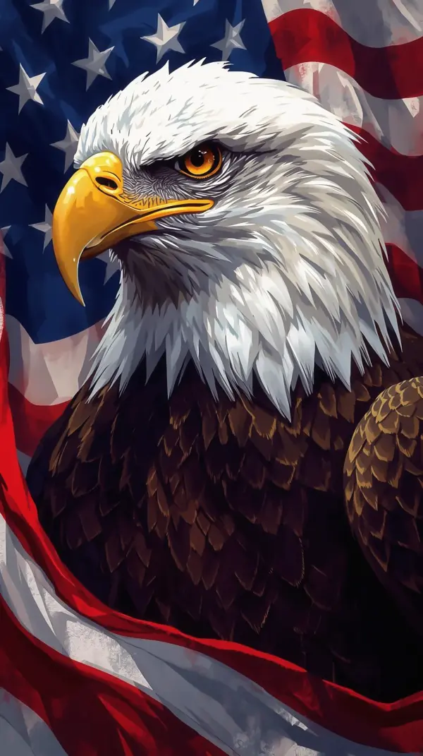 illustrated portrait of a majestic bald eagle in front of a waving american flag