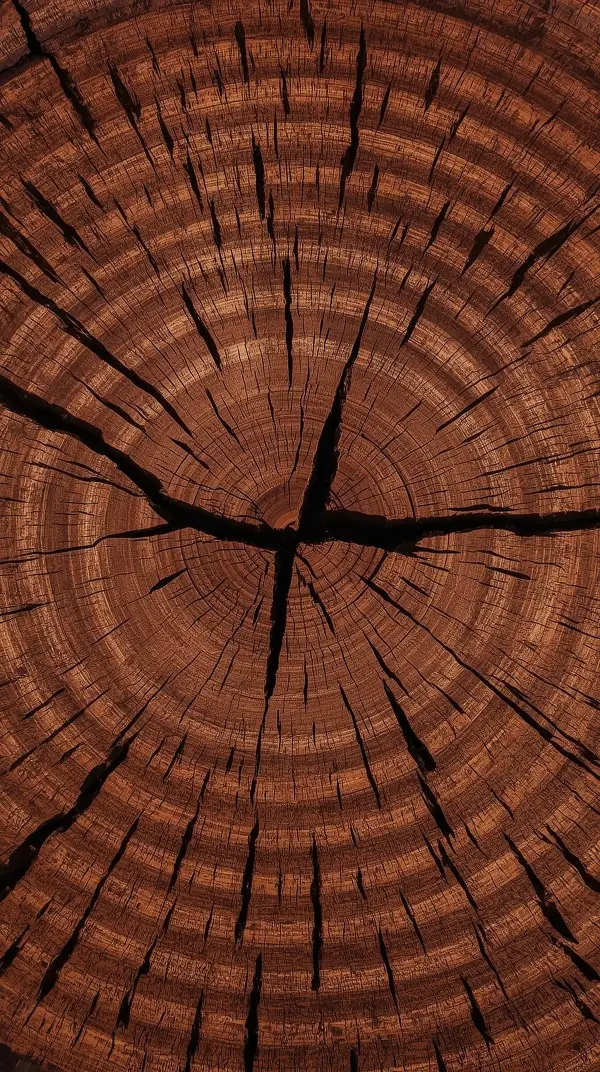 4k wallpaper for mobile Close-up Tree Ring Texture, Rich Brown Wood Grain Cross-Section with Deep Cracks and Natural Annual Rings Detail