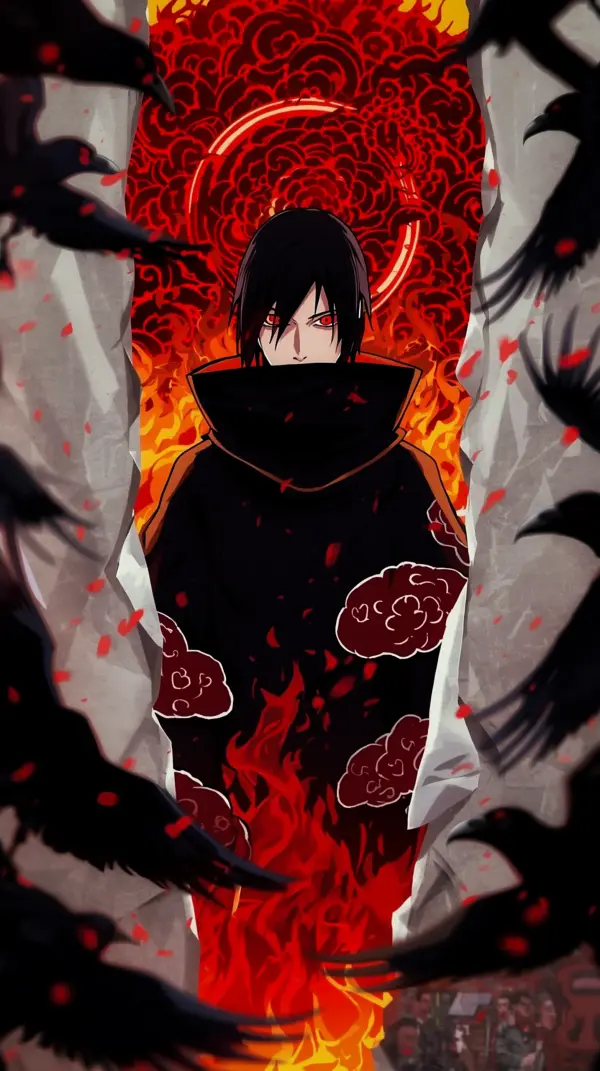 Anime phone wallpaper — fiery red sharingan crows