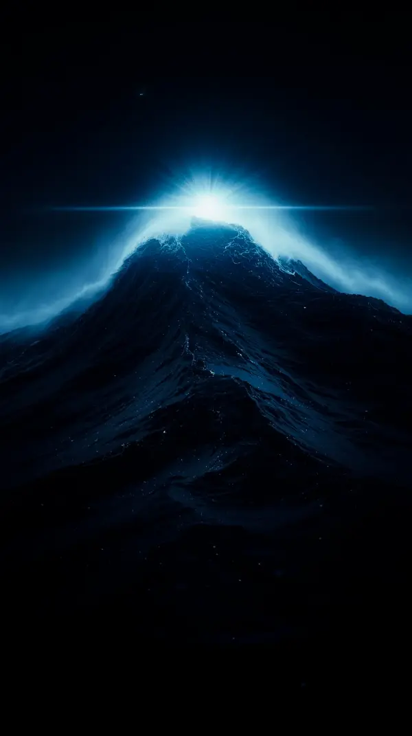 a massive dark wave cresting under a bright blue starburst flare in a pitch black sea