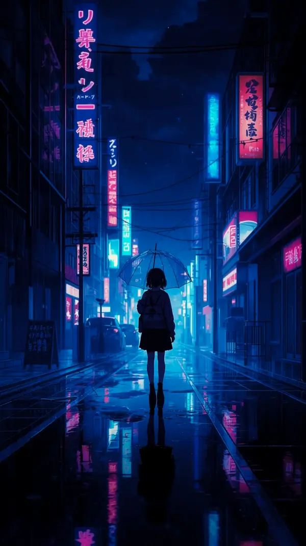 Anime phone wallpaper — rainy neon street night