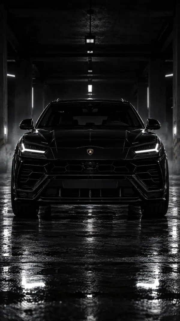 Black Lamborghini Urus SUV Parked in Moody Underground Garage at Night