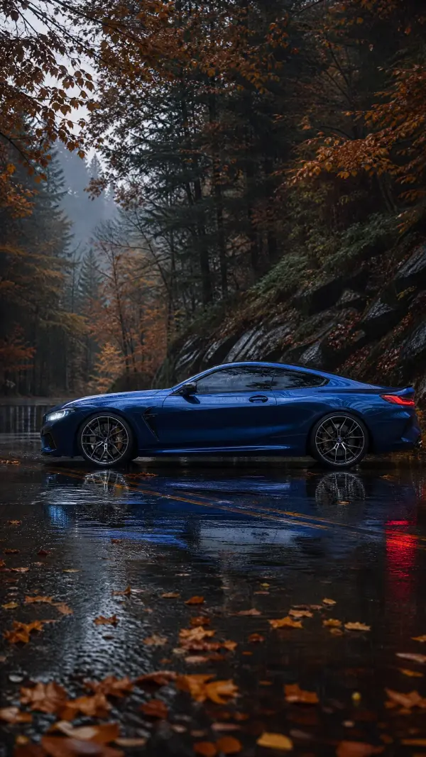 Deep Blue German Sports Coupe Parked on Damp Woodland Road