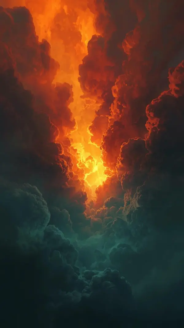 4k wallpaper for iphone - Apocalyptic fiery orange-red sky filled with turbulent smoke clouds and dramatic volumetric god rays piercing through a dark teal gradient