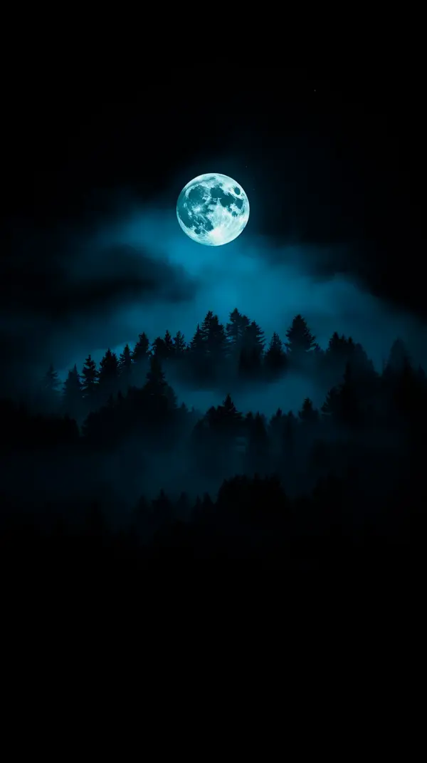 Mysterious Full Moon Over Foggy Forest | AMOLED Wallpaper 4K for Mobile