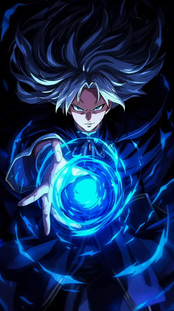 Dynamic Anime Wallpaper 4K for Phone: A powerful character with glowing blue energy, perfect as an anime background for iPhone or Android. Get this aesthetic anime phone wallpaper in 4K or 8K for your mobile device.