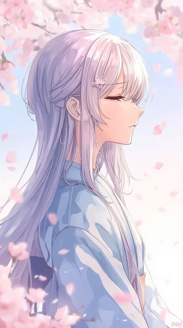 Cherry Blossom Girl — Light purple hair, blue kimono
