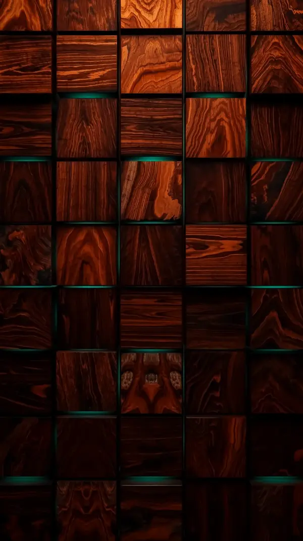 3D Wooden Block Grid with Teal Glow - AMOLED Wallpaper 4K for Mobile