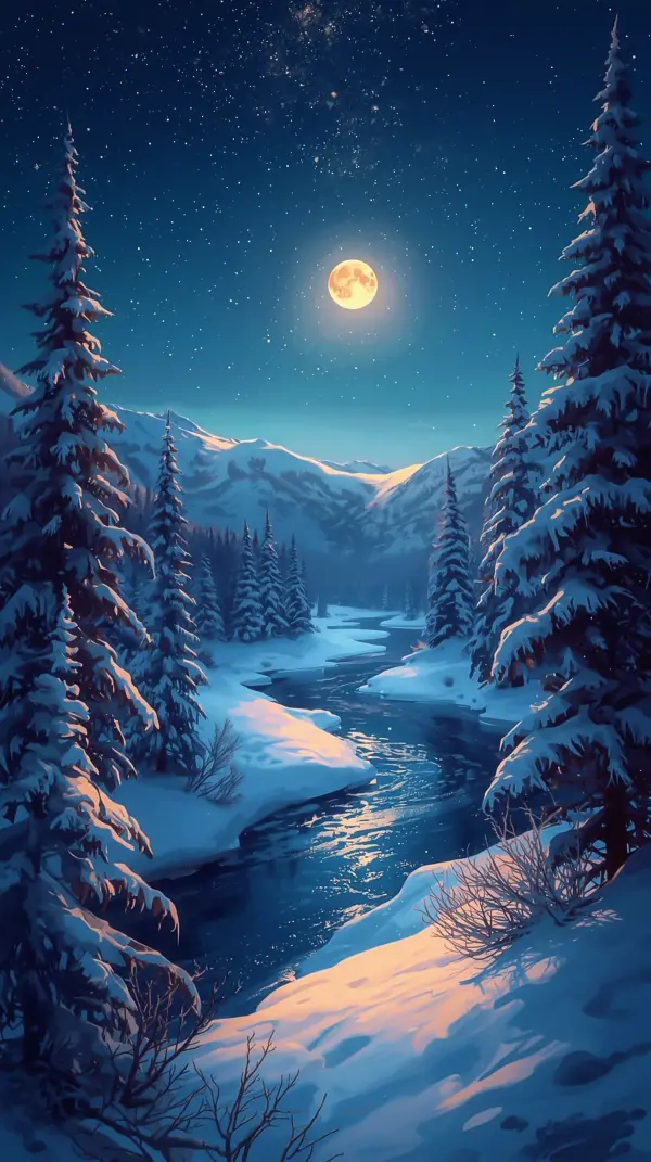 Winter phone wallpaper — glowing moonlit forest