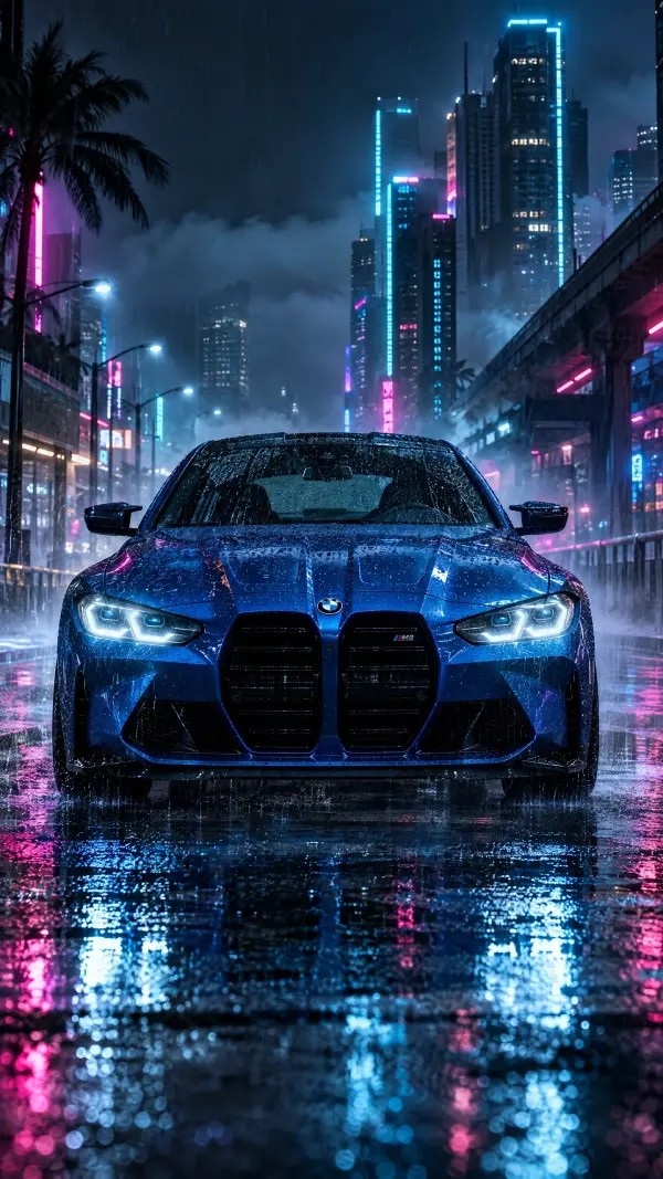 Blue BMW M4 Sports Car on Rainy Neon City Street at Night