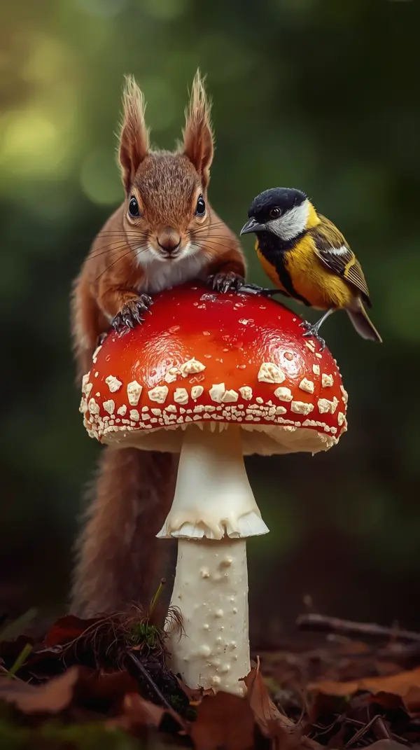 Animal Wallpaper 4K — Squirrel and Bird on Mushroom