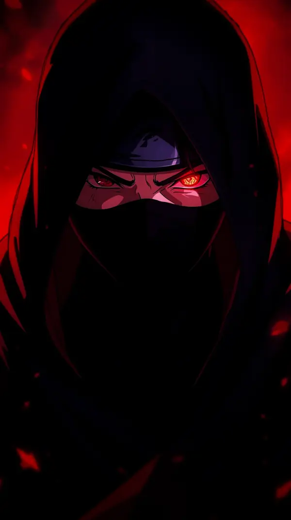 Anime wallpaper — dark hooded figure, glowing red eyes