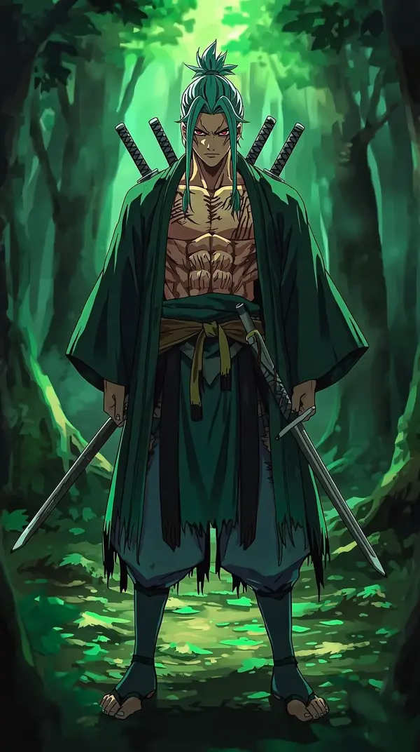 4k wallpaper for mobile Epic Zoro-like Samurai Warrior Green Hair Ponytail Multiple Swords Barefoot Stance Dense Jungle Green Glow Dramatic Aura