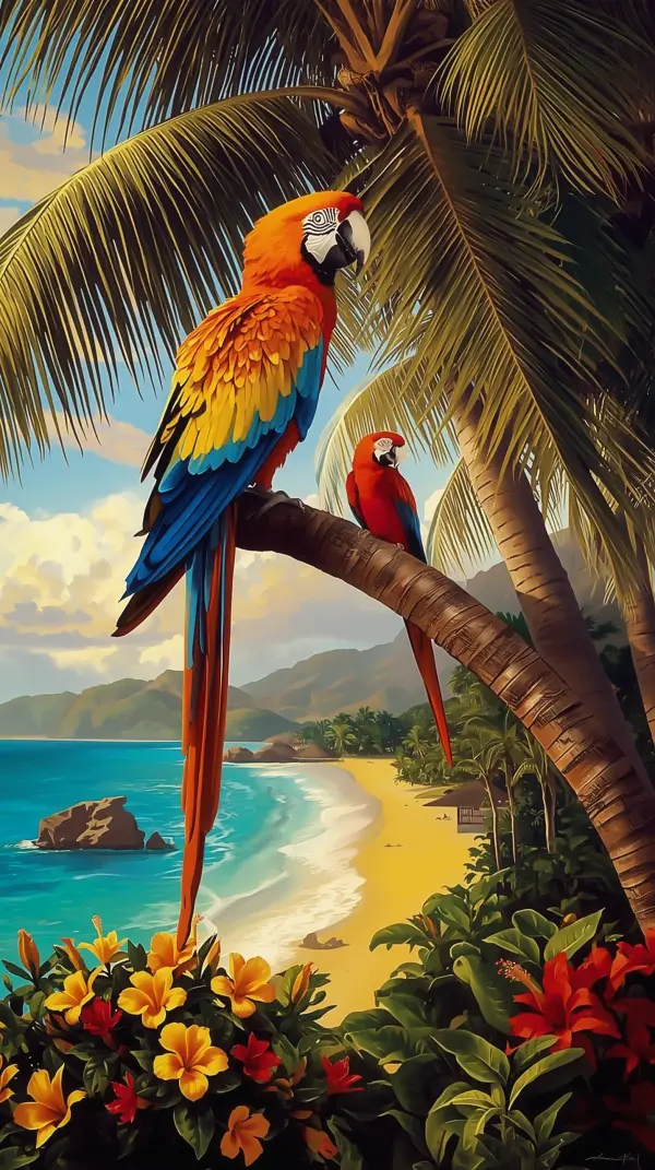 Nature Wallpaper 4K — Vibrant Macaws Tropical Beach