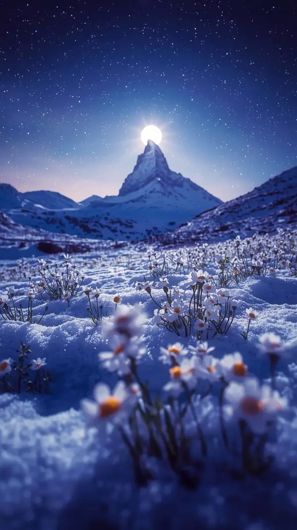 Enchanting Snow Daisies Under a Full Moon: Cute 4K iPhone Wallpaper | 4K Wallpaper for Mobile, Wallpaper for Phone, 4K Backgrounds, iPhone 4K, iPhone Background