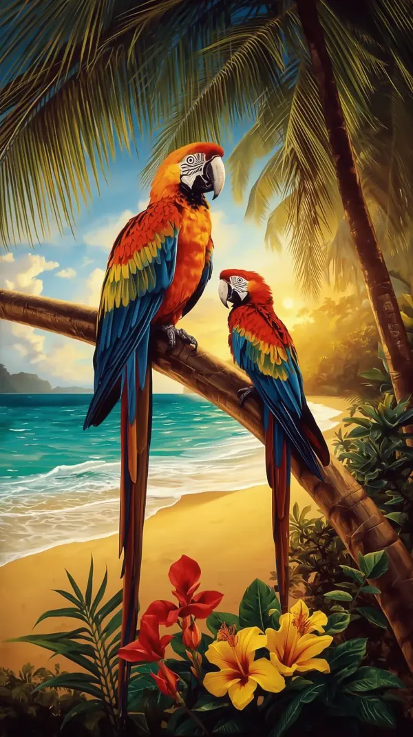 Nature Wallpaper 4K — Two Macaw Parrots Tropical Beach 4K