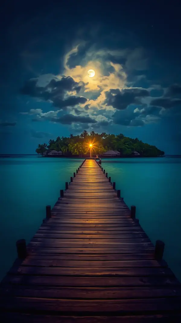 Beautiful phone background — moonlit wooden pier