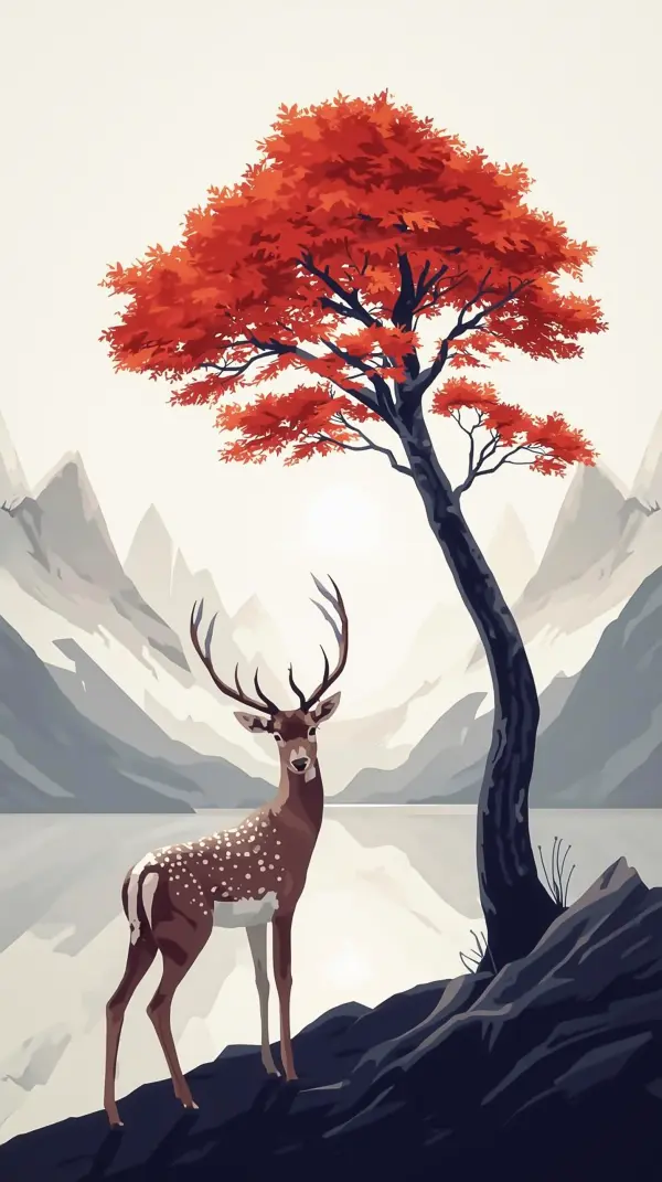 Deer Wallpaper — Red Tree Mountains Lake Illustration