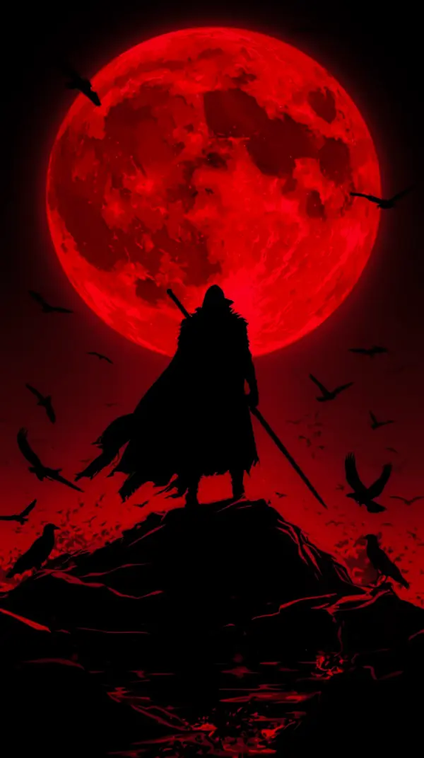 Dark Red Moon Anime Warrior Wallpaper for iPhone – 4K
