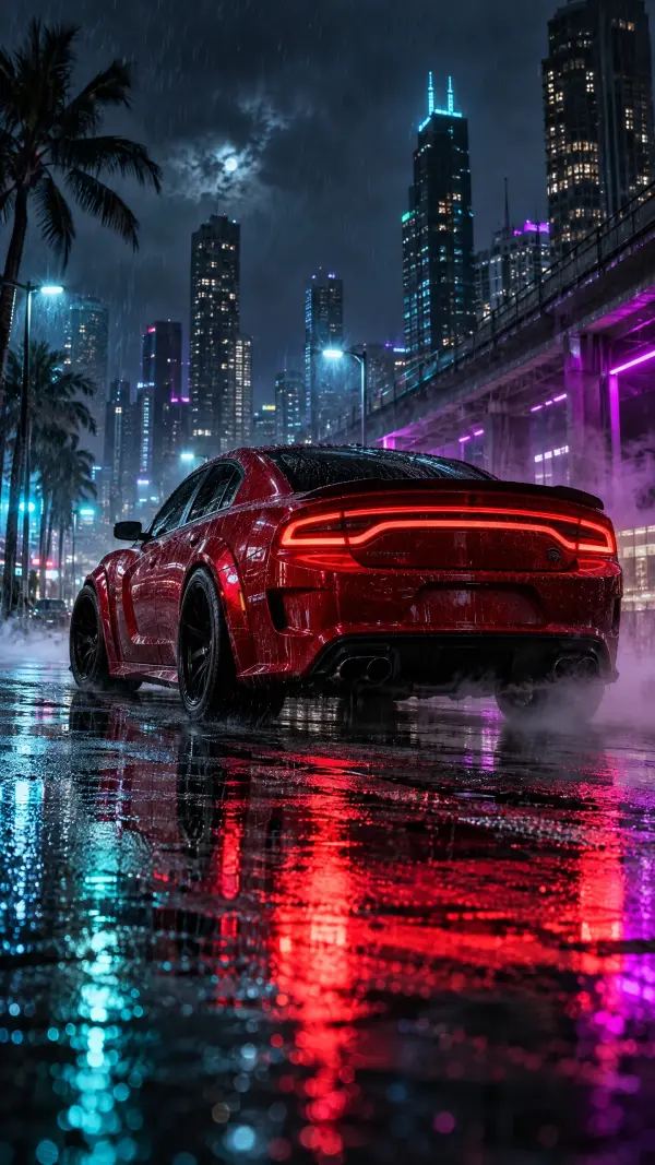 Red Dodge Charger Hellcat on Rainy Miami Street at Night