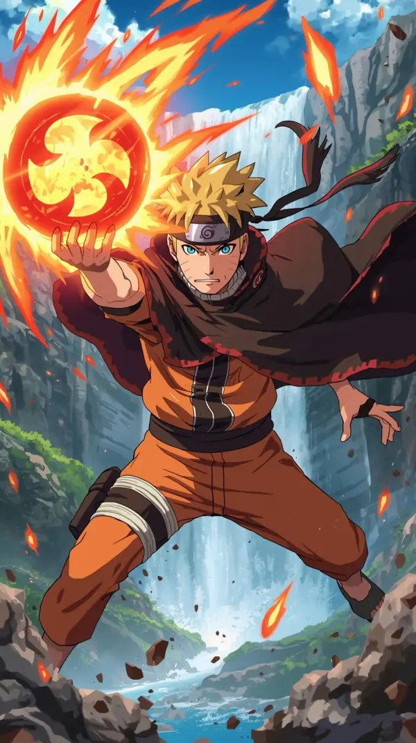 iphone wallpaper iphone wallpaper – Action anime character performing a powerful fire jutsu with a swirling orange energy orb in front of a massive blue waterfall