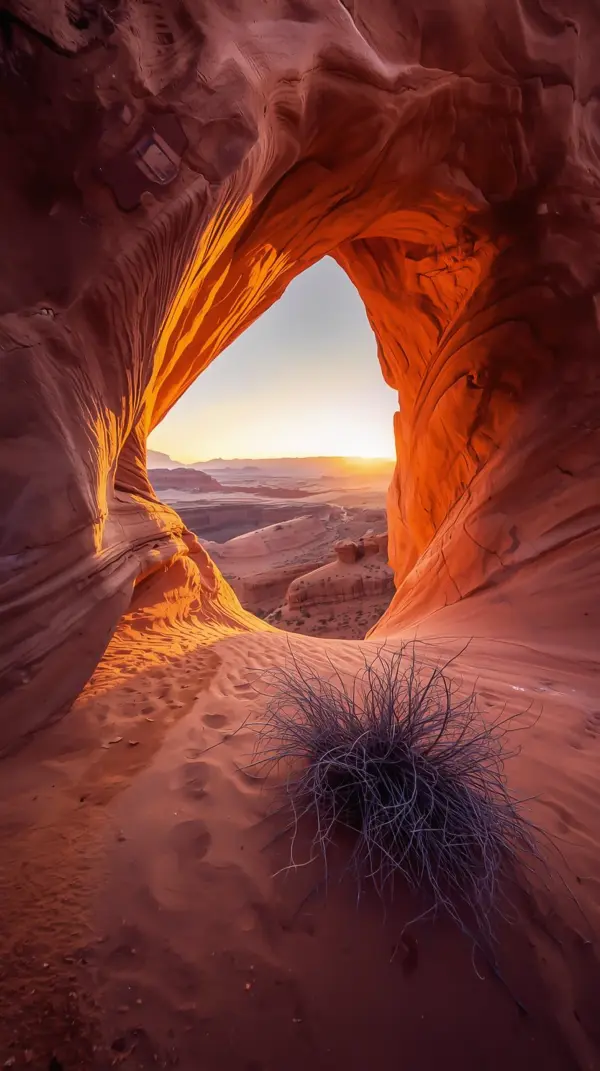 Anime scenery — glowing orange sandstone arch