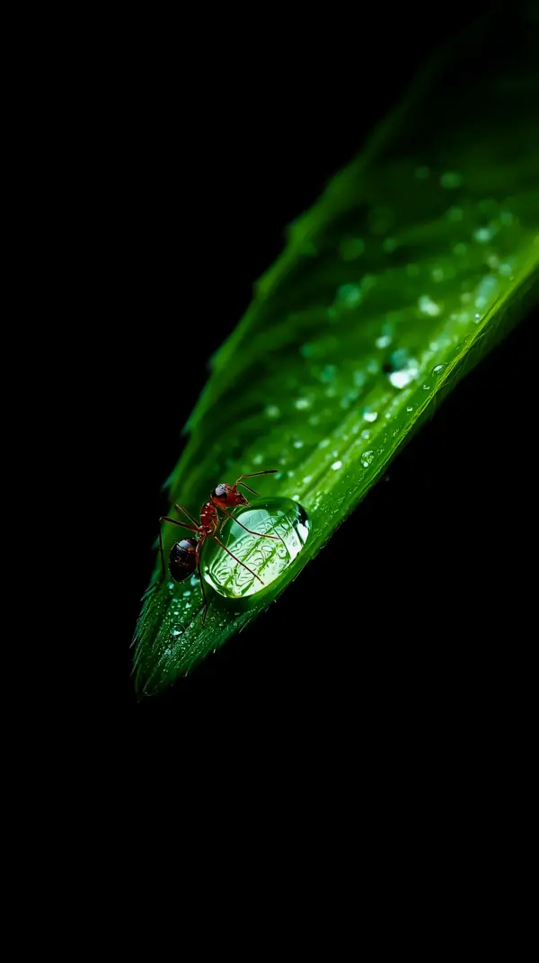 Stunning AMOLED Wallpaper 4K for Mobile: Ant on a Dewy Leaf