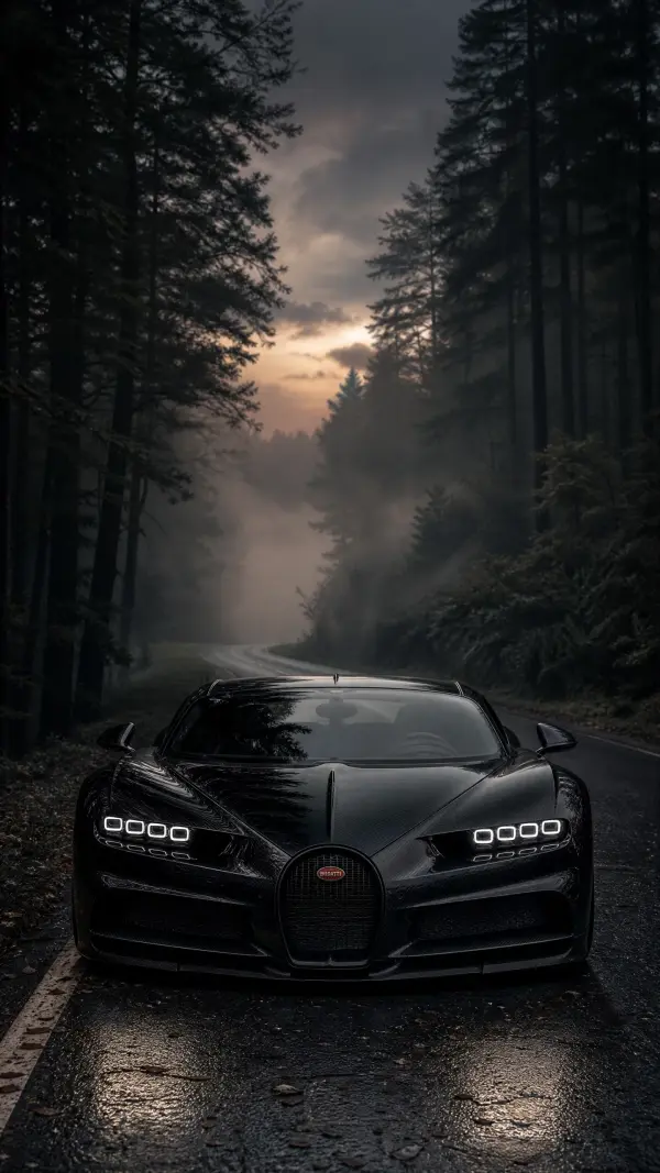 Black Bugatti Chiron on a misty forest road at dusk