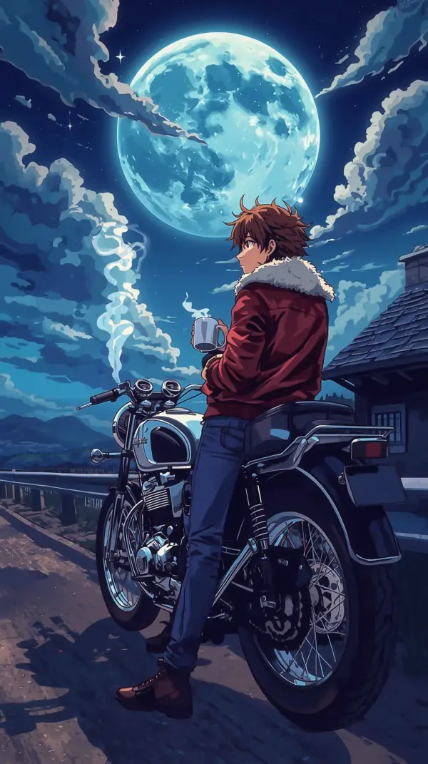 Anime phone wallpaper — boy riding motorcycle moon