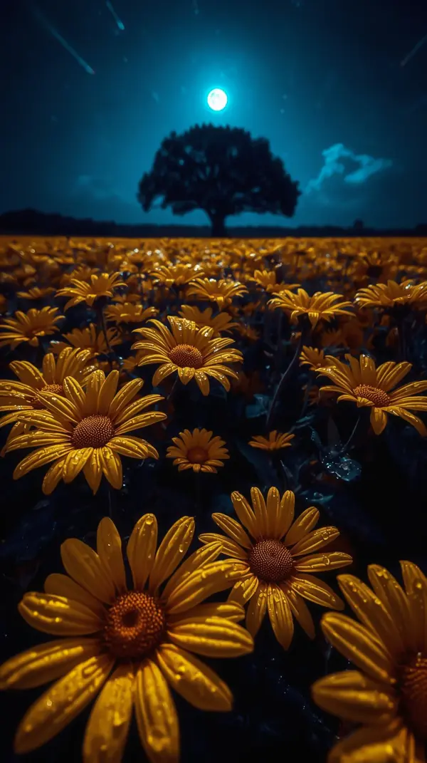 Flower Wallpaper 4K — Yellow Daisies Under Moonlit Sky | 4KWallpapar