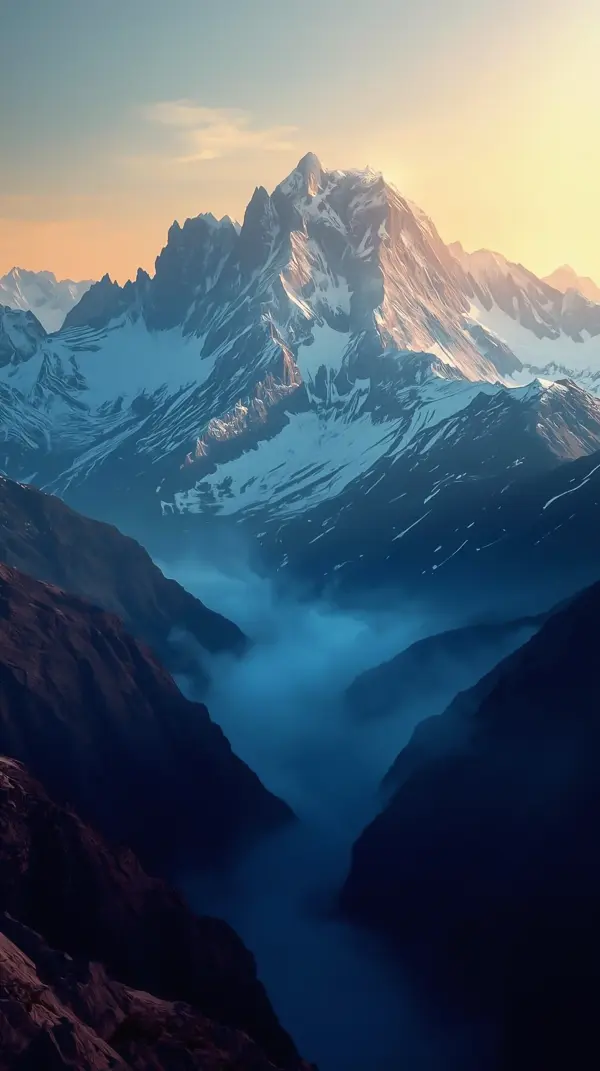 majestic snowy mountain peak glowing under a golden sunset with a deep blue misty valley below