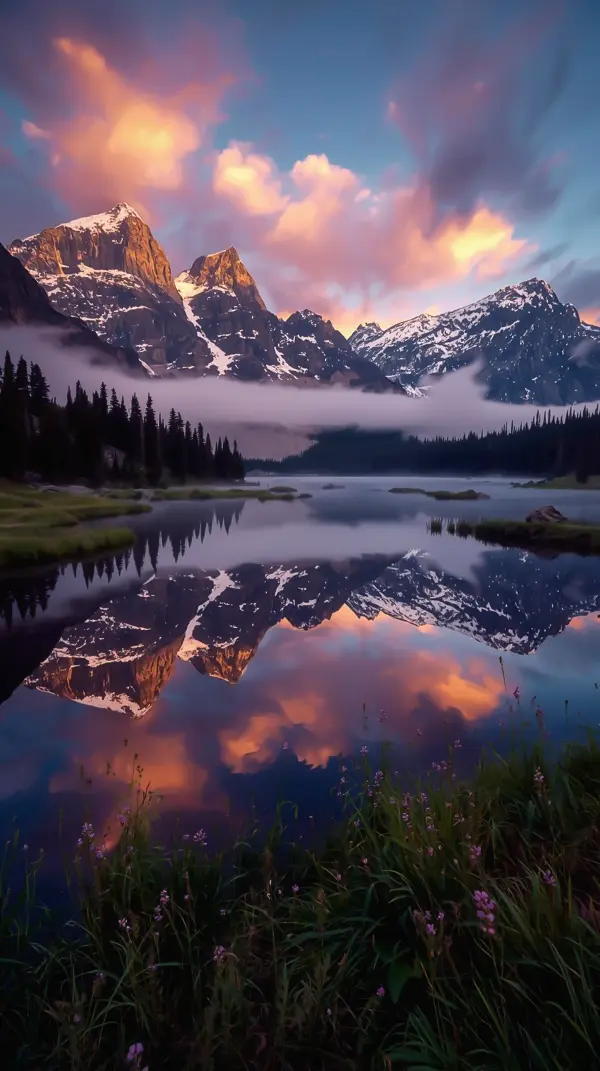 Nature Wallpaper 4K — Sunset Reflection Over Snowy Mountains