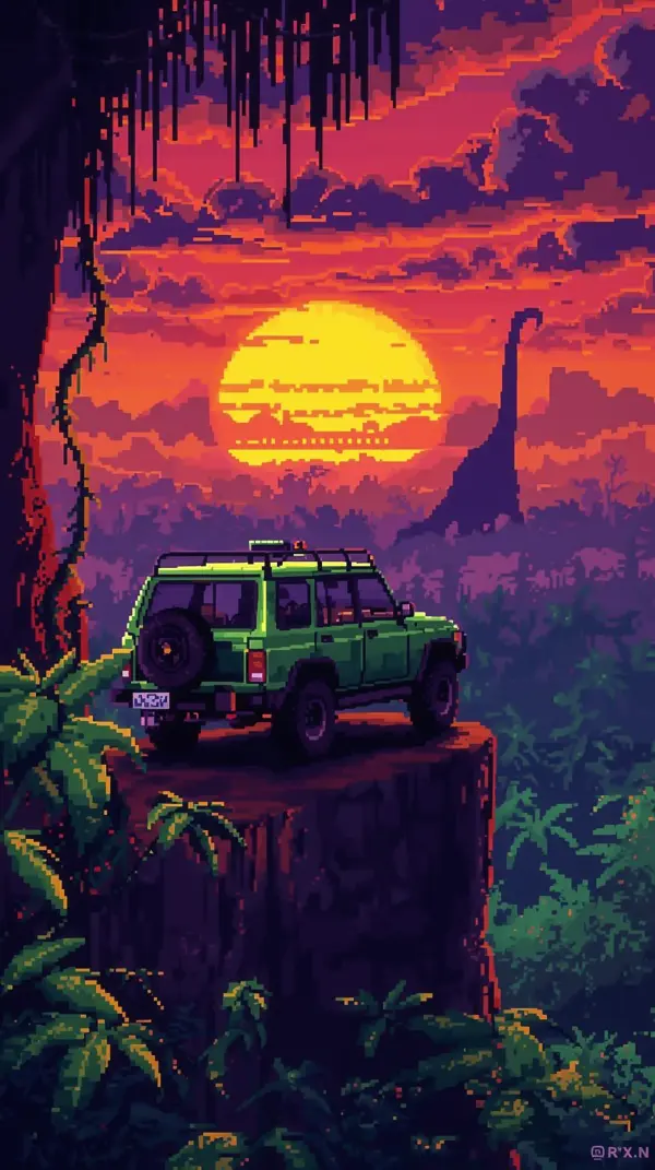 Retro phone background — dinosaur sunset jungle