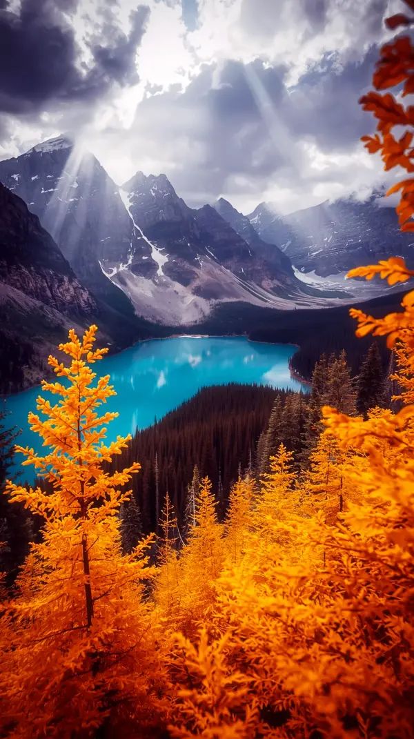 Anime nature — bright orange foliage and blue lake