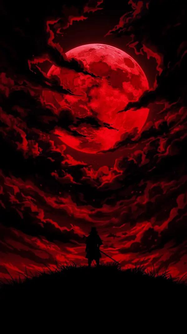 Wallpaper dark anime — warrior under crimson moon