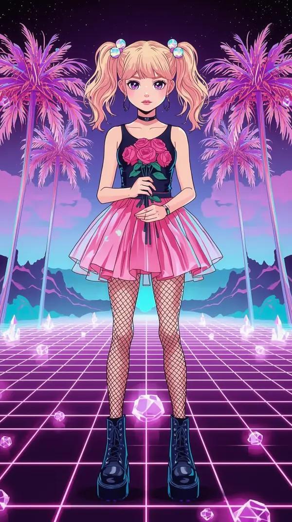 Aesthetic Anime Wallpaper iPhone — Synthwave Girl Pink Roses