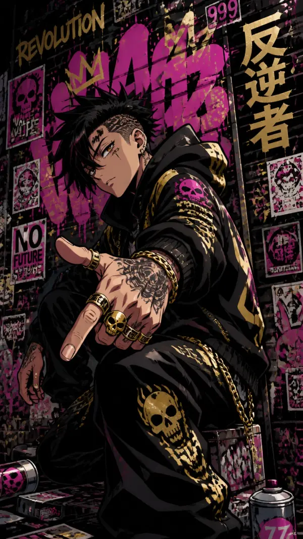 Edgy Urban Anime Punk Boy with Skull Rings and Graffiti Background