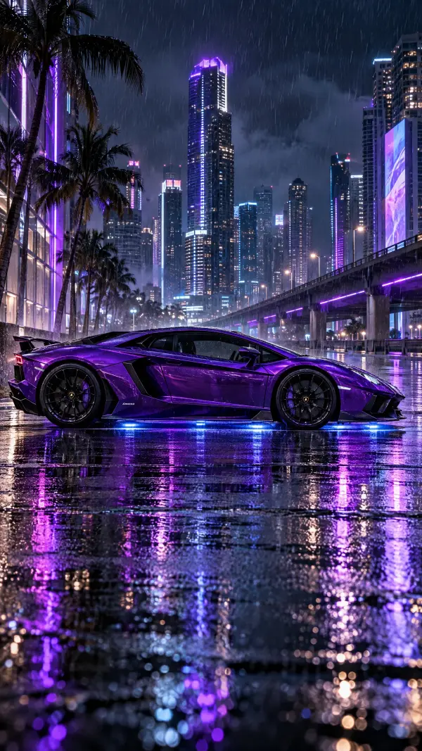 Purple Lamborghini Aventador with neon underglow in the rain.