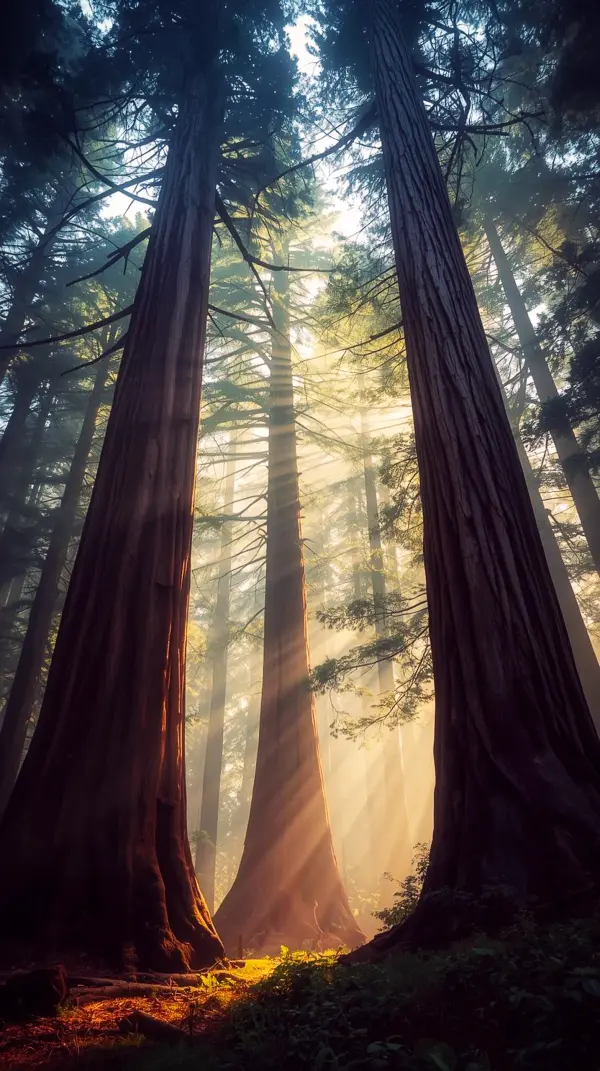 Anime wallpaper — sunlit towering forest trees
