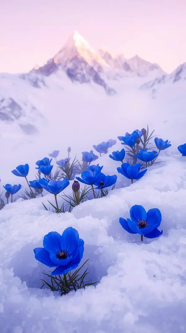 Stunning Blue Flowers in Snow - iPhone Wallpaper 4K, 4K Wallpaper for Mobile, Wallpaper for Phone, Cute 4K Wallpaper for iPhone, 4K Backgrounds, iPhone 4K, iPhone Background
