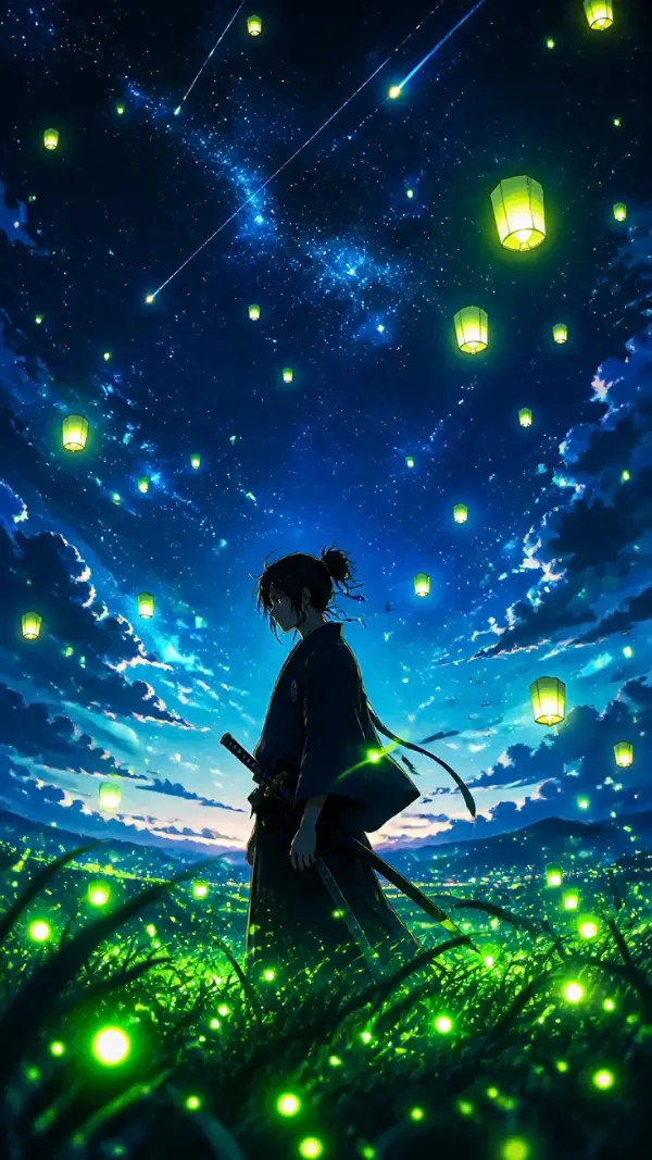 Wallpaper anime nature — glowing lantern samurai