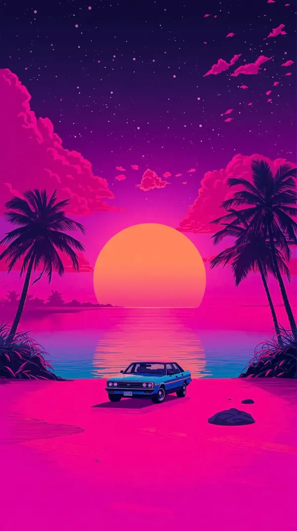 Synthwave Sunset Wallpaper | 80s Aesthetic Beach Art