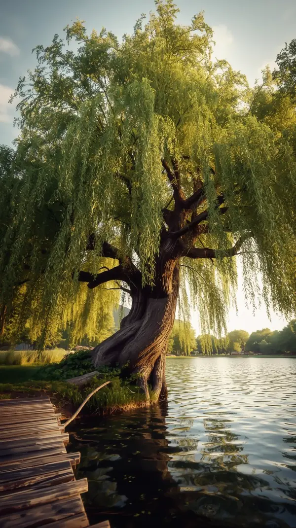 Nature Wallpaper — Golden Willow Tree by Lake | 4KWallpapar
