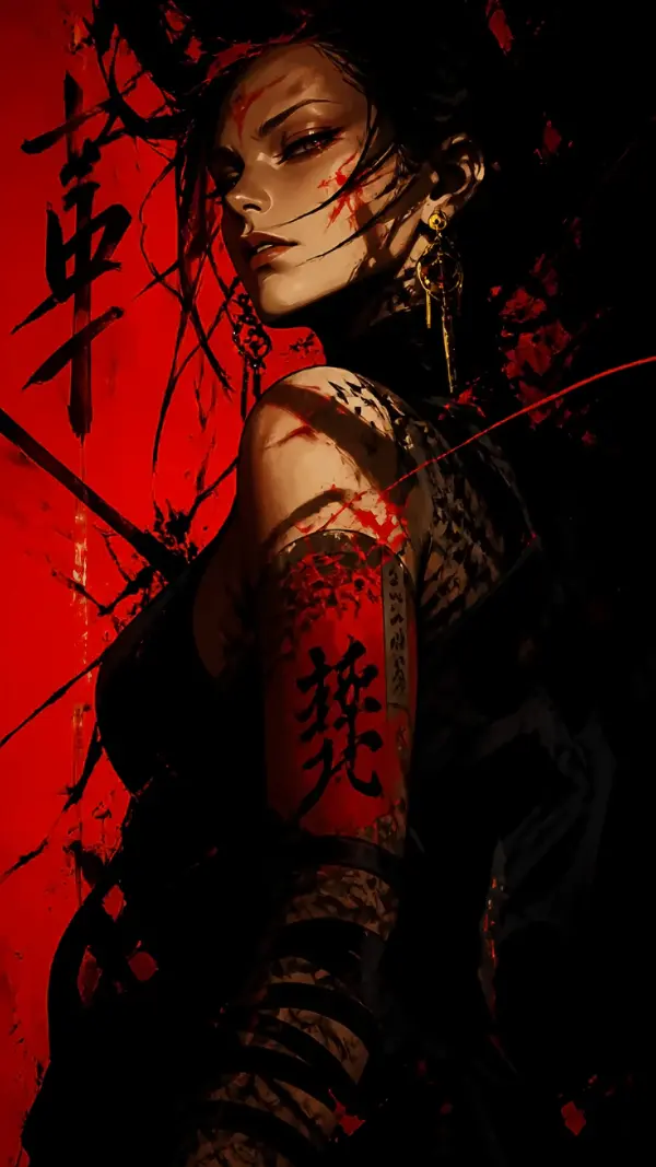 Aesthetic anime wallpaper — inked crimson warrior