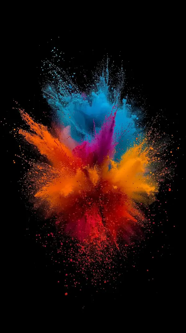 4k wallpaper for mobile Explosive Multicolor Powder Burst, Vibrant Orange Blue Pink Cyan Dust Cloud with Sparkling Particles on Black Background