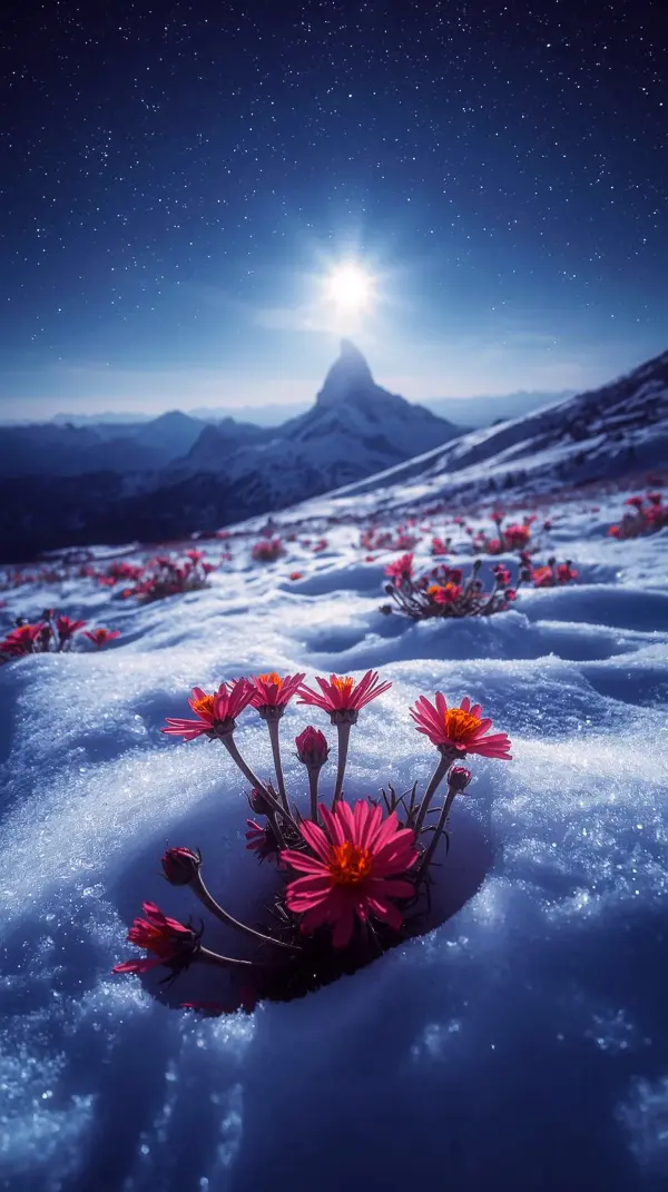 Pink flowers in snow under a starry night sky iphone wallpaper 4k and 4k wallpaper for mobile. This wallpaper for phone offers a cute 4k wallpaper for iphone experience with 4k backgrounds iphone and 4k iphone background.