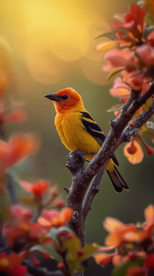 Orange bird wallpaper — bright songbird branch