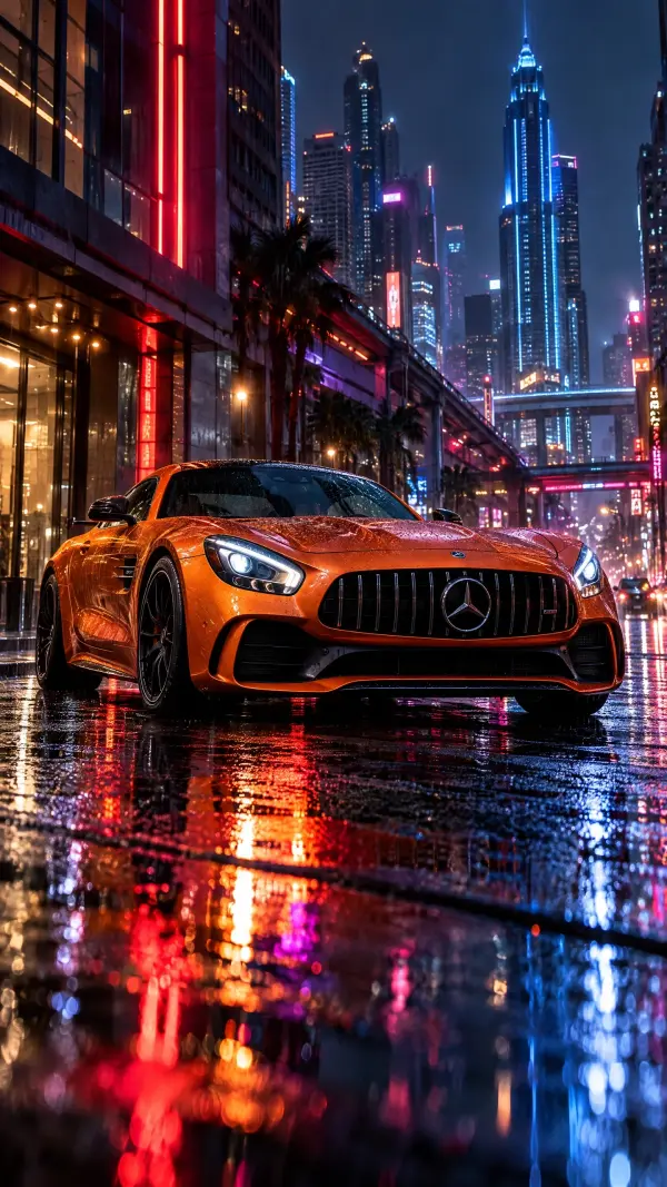 Orange Mercedes AMG GT Sports Car Parked on Rainy Neon City Street