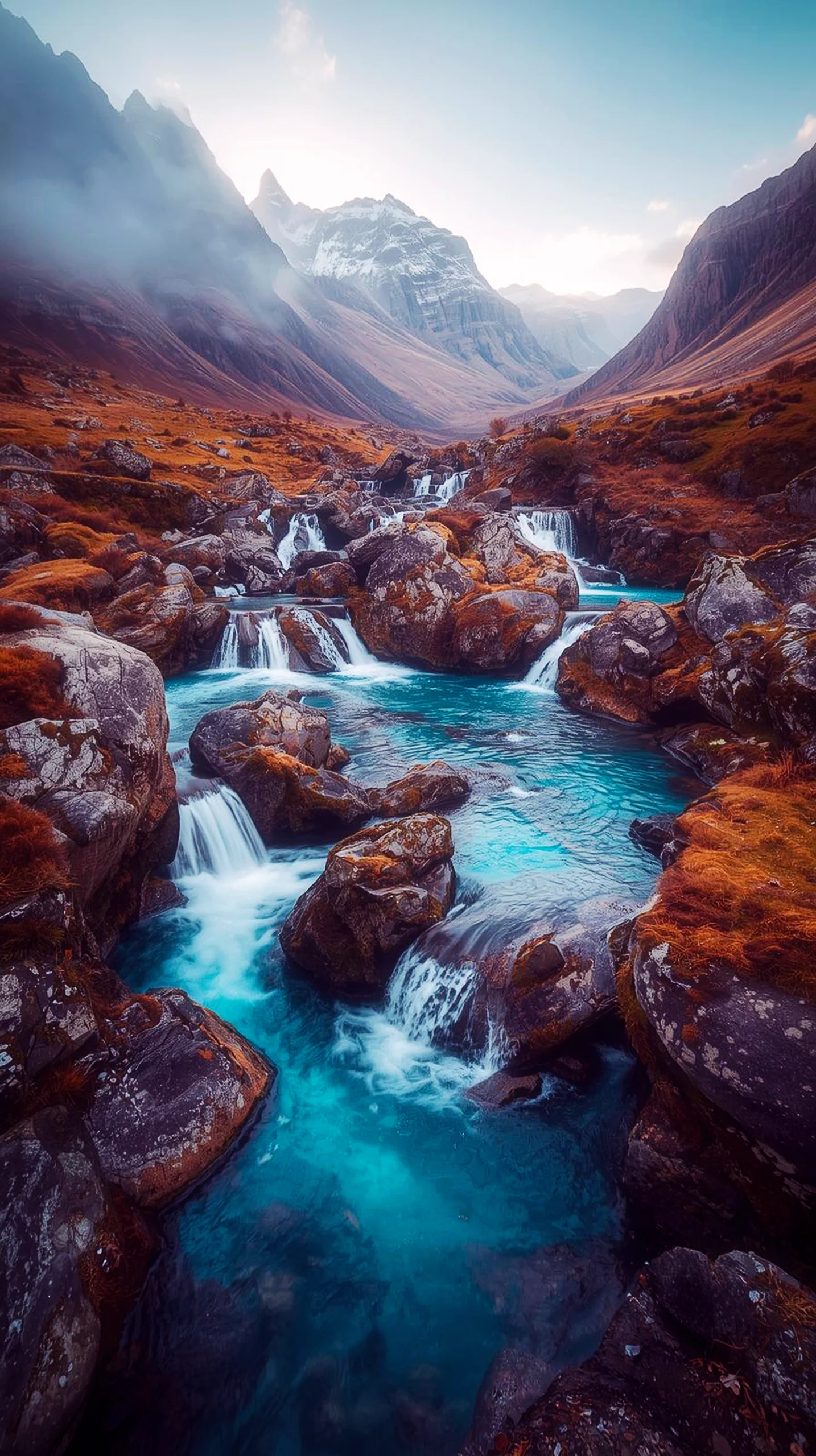 4K iPhone wallpaper of a turquoise river flowing through a rocky mountain valley with autumn colors. Perfect 4K