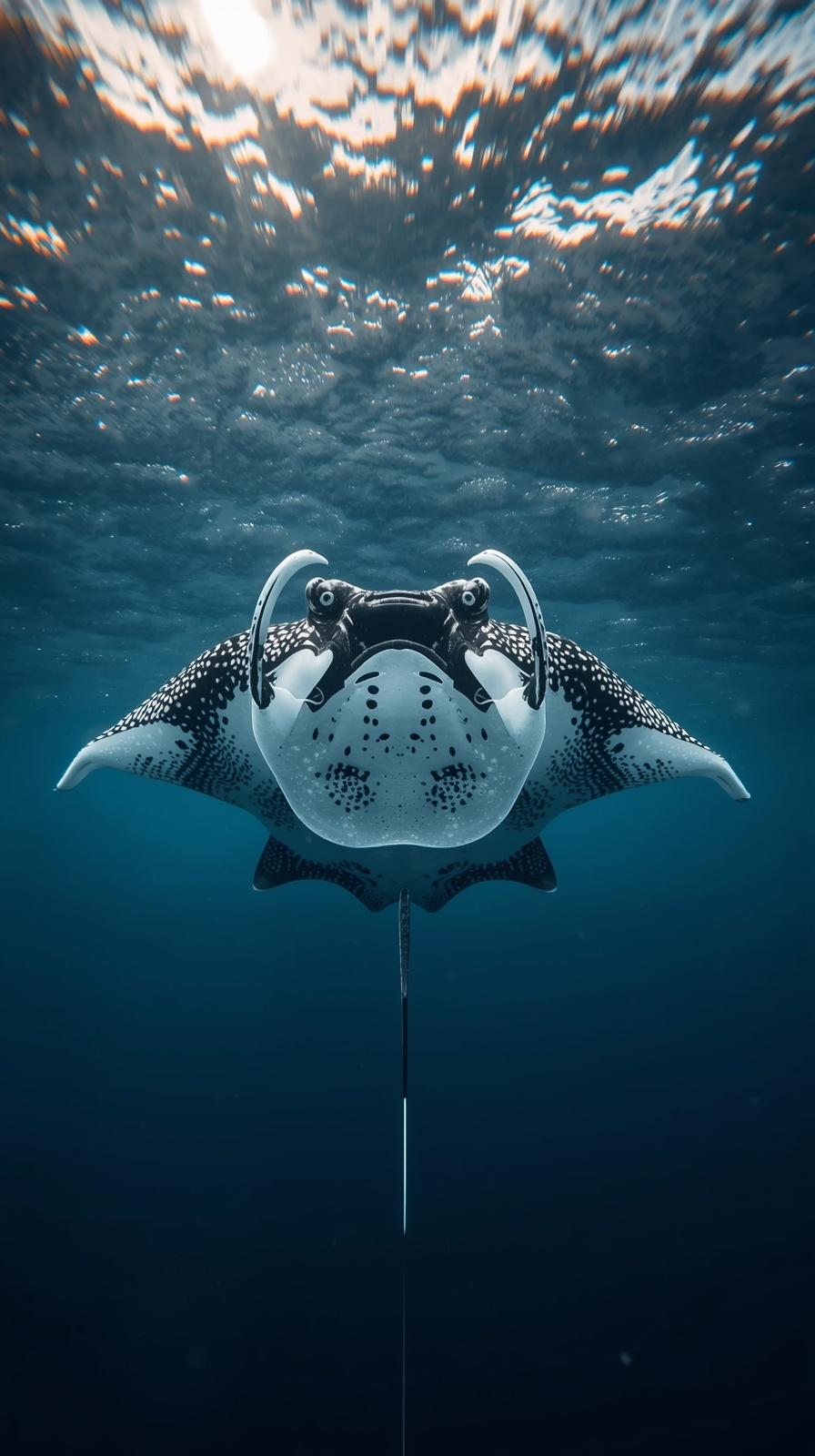 A majestic spotted manta ray swimming gracefully through deep blue ocean waters.